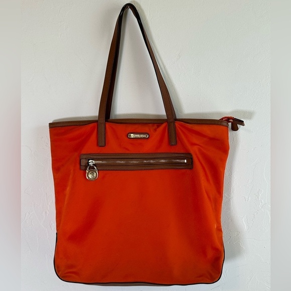 Michael Kors Autumn Orange Nylon Tote with Brown Leather Trim & Gold Hardware - Picture 2 of 15